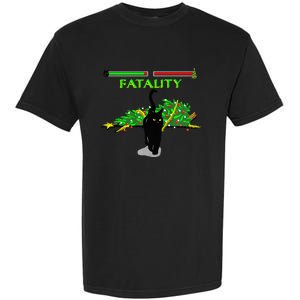 Black Cat Vs Christmas Tree Retro Video Fighting Game Funny Garment-Dyed Heavyweight T-Shirt