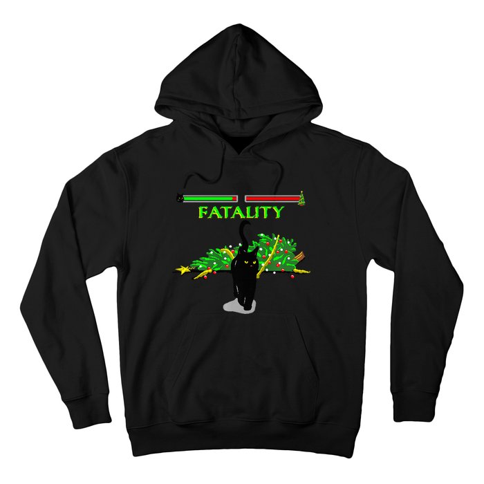 Black Cat Vs Christmas Tree Retro Video Fighting Game Funny Hoodie