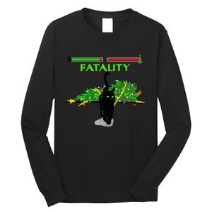 Black Cat Vs Christmas Tree Retro Video Fighting Game Funny Long Sleeve Shirt