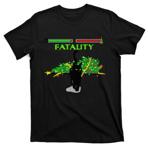 Black Cat Vs Christmas Tree Retro Video Fighting Game Funny T-Shirt