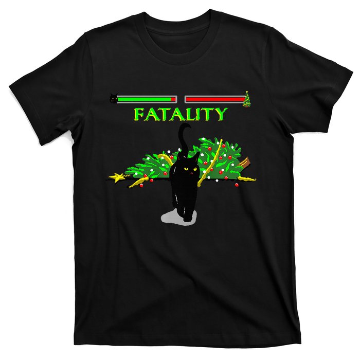 Black Cat Vs Christmas Tree Retro Video Fighting Game Funny T-Shirt