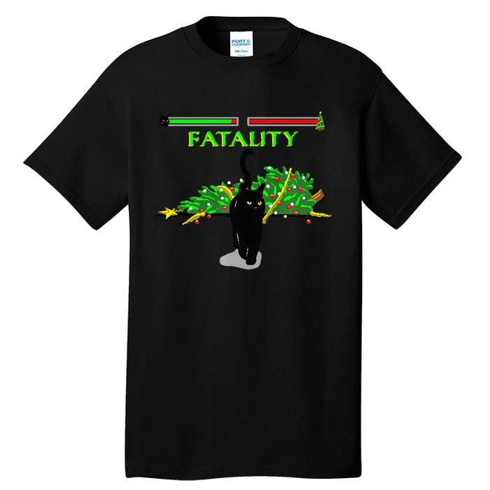 Black Cat Vs Christmas Tree Retro Video Fighting Game Funny Tall T-Shirt