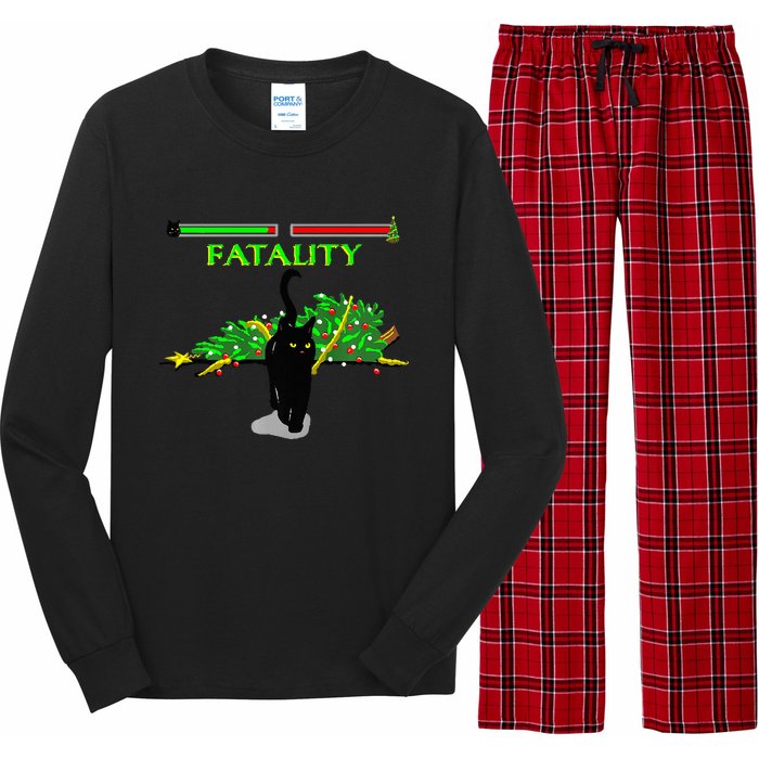 Black Cat Vs Christmas Tree Retro Video Fighting Game Funny Long Sleeve Pajama Set