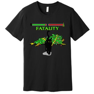 Black Cat Vs Christmas Tree Retro Video Fighting Game Funny Premium T-Shirt