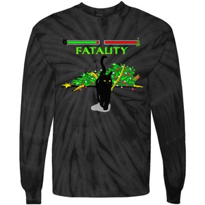 Black Cat Vs Christmas Tree Retro Video Fighting Game Funny Tie-Dye Long Sleeve Shirt