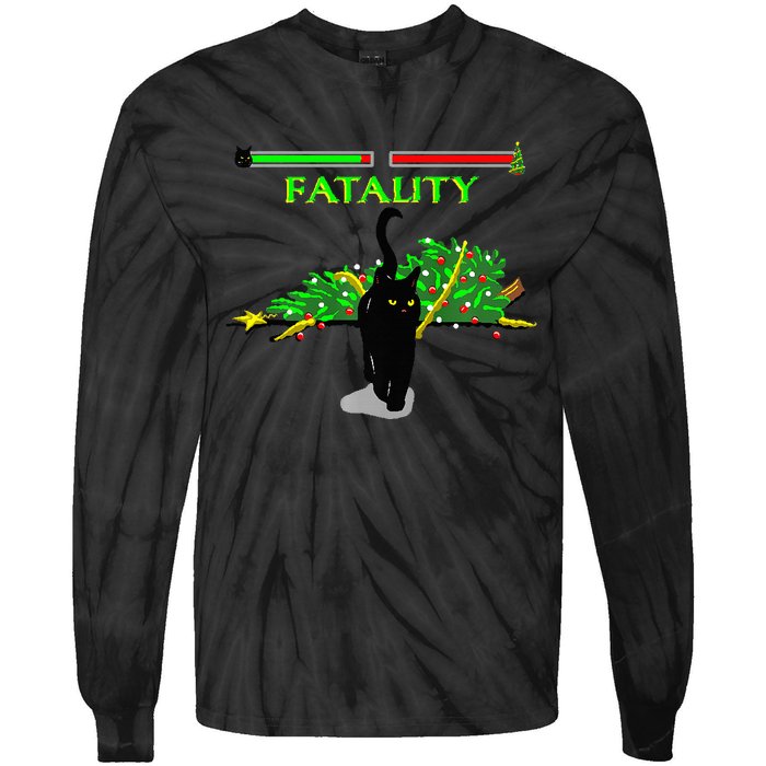 Black Cat Vs Christmas Tree Retro Video Fighting Game Funny Tie-Dye Long Sleeve Shirt