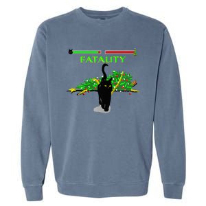 Black Cat Vs Christmas Tree Retro Video Fighting Game Funny Garment-Dyed Sweatshirt