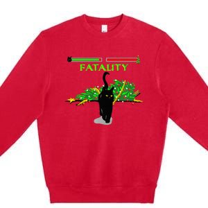 Black Cat Vs Christmas Tree Retro Video Fighting Game Funny Premium Crewneck Sweatshirt