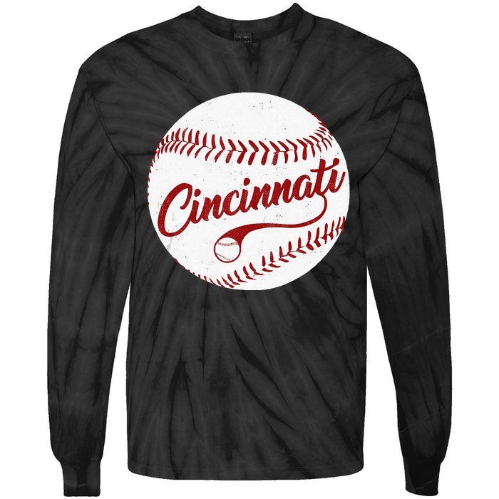 Baseball Cincinnati Vintage Ball Red Seam National Pastime Tie-Dye Long Sleeve Shirt