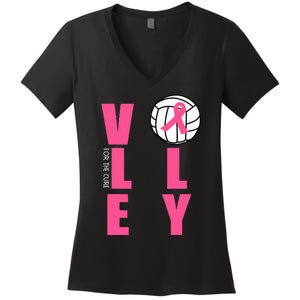 Breast Cancer Volleyball Pink Ribbon Volley For The Cure Women's V-Neck T-Shirt