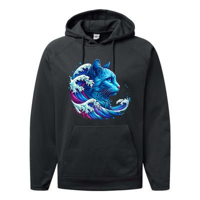 Blue Cat Wave For Kamala 47 Funny Cat Ladies Harris 2024 Performance Fleece Hoodie