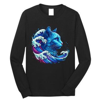 Blue Cat Wave For Kamala 47 Funny Cat Ladies Harris 2024 Long Sleeve Shirt