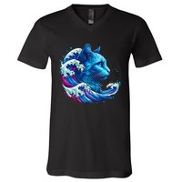 Blue Cat Wave For Kamala 47 Funny Cat Ladies Harris 2024 V-Neck T-Shirt