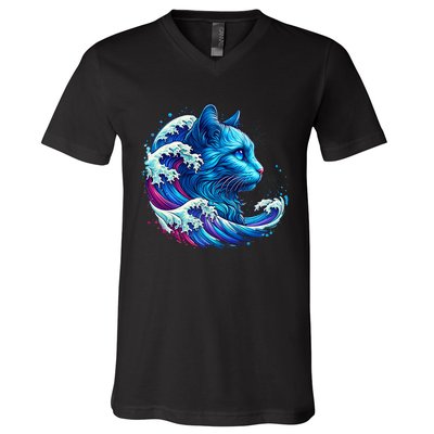 Blue Cat Wave For Kamala 47 Funny Cat Ladies Harris 2024 V-Neck T-Shirt