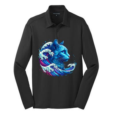 Blue Cat Wave For Kamala 47 Funny Cat Ladies Harris 2024 Silk Touch Performance Long Sleeve Polo