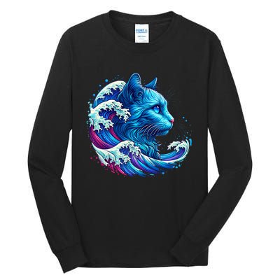 Blue Cat Wave For Kamala 47 Funny Cat Ladies Harris 2024 Tall Long Sleeve T-Shirt