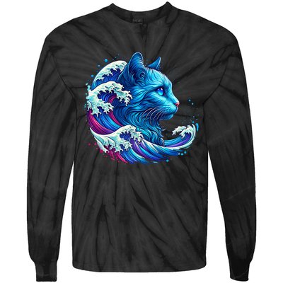 Blue Cat Wave For Kamala 47 Funny Cat Ladies Harris 2024 Tie-Dye Long Sleeve Shirt