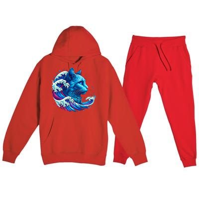 Blue Cat Wave For Kamala 47 Funny Cat Ladies Harris 2024 Premium Hooded Sweatsuit Set