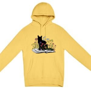 Black Cat With Flowers Book Retro Meaningful Gift Premium Pullover Hoodie