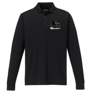 Black Cat With Flowers Book Retro Meaningful Gift Performance Long Sleeve Polo