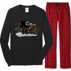 Black Cat With Flowers Book Retro Meaningful Gift Long Sleeve Pajama Set