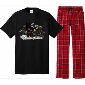 Black Cat With Flowers Book Retro Meaningful Gift Pajama Set