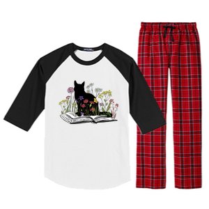 Black Cat With Flowers Book Retro Meaningful Gift Raglan Sleeve Pajama Set