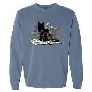 Black Cat With Flowers Book Retro Meaningful Gift Garment-Dyed Sweatshirt