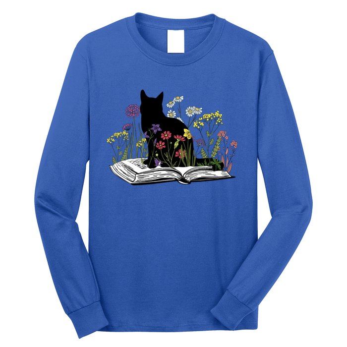 Black Cat With Flowers Book Retro Meaningful Gift Long Sleeve Shirt