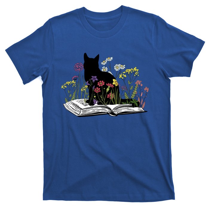 Black Cat With Flowers Book Retro Meaningful Gift T-Shirt