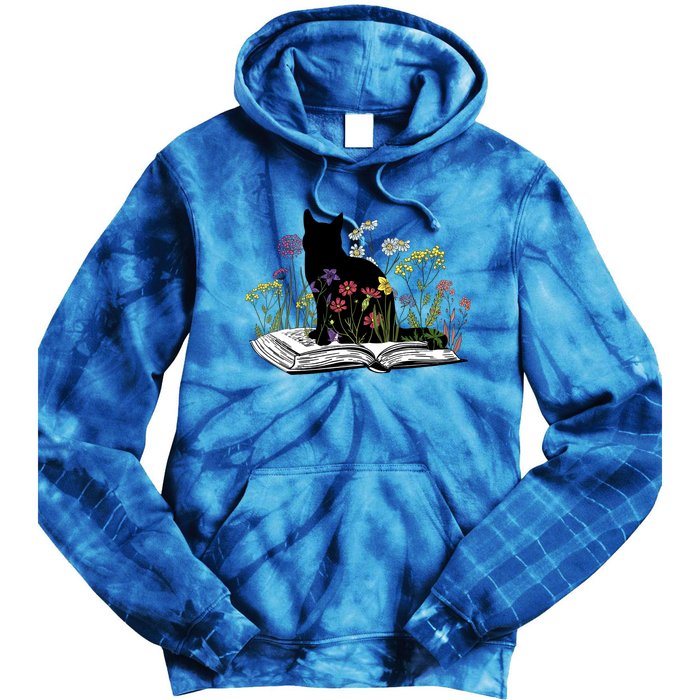 Black Cat With Flowers Book Retro Meaningful Gift Tie Dye Hoodie