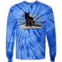 Black Cat With Flowers Book Retro Meaningful Gift Tie-Dye Long Sleeve Shirt