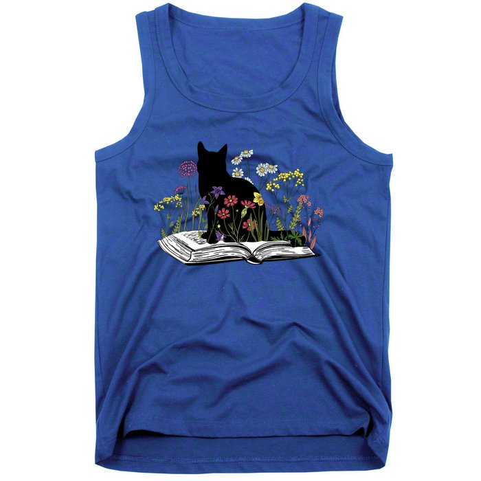 Black Cat With Flowers Book Retro Meaningful Gift Tank Top