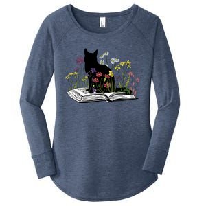 Black Cat With Flowers Book Retro Meaningful Gift Women's Perfect Tri Tunic Long Sleeve Shirt