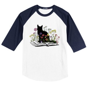 Black Cat With Flowers Book Retro Meaningful Gift Baseball Sleeve Shirt