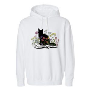 Black Cat With Flowers Book Retro Meaningful Gift Garment-Dyed Fleece Hoodie