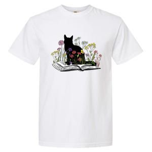 Black Cat With Flowers Book Retro Meaningful Gift Garment-Dyed Heavyweight T-Shirt