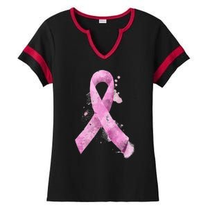 Breast Cancer Watercolor Ribbon Ladies Halftime Notch Neck Tee