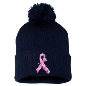 Breast Cancer Watercolor Ribbon Pom Pom 12in Knit Beanie