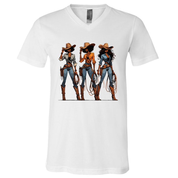 Black Cowgirl Western Rodeo Melanin Black History Texas V-Neck T-Shirt