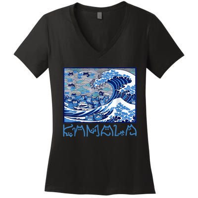 Blue Cats Wave Childless Cat Lady For Kama 2024 Women's V-Neck T-Shirt