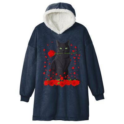 Black Cat With Red Roses Valentine's Day Women Raglan Baseball Cute Hooded Wearable Blanket