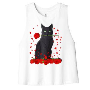 Black Cat With Red Roses Valentine's Day Women Raglan Baseball Cute Women's Racerback Cropped Tank