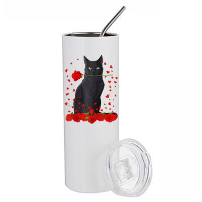 Black Cat With Red Roses Valentine's Day Women Raglan Baseball Cute Stainless Steel Tumbler