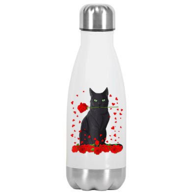 Black Cat With Red Roses Valentine's Day Women Raglan Baseball Cute Stainless Steel Insulated Water Bottle