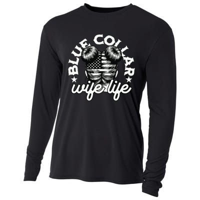 Blue Collar Wife Life Messy Hair Buns Usa Flag Cooling Performance Long Sleeve Crew