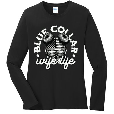 Blue Collar Wife Life Messy Hair Buns Usa Flag Ladies Long Sleeve Shirt