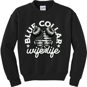 Blue Collar Wife Life Messy Hair Buns Usa Flag Kids Sweatshirt