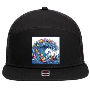 Blue Cats Wave For Kamala Funny 7 Panel Mesh Trucker Snapback Hat