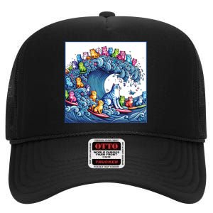 Blue Cats Wave For Kamala Funny High Crown Mesh Back Trucker Hat